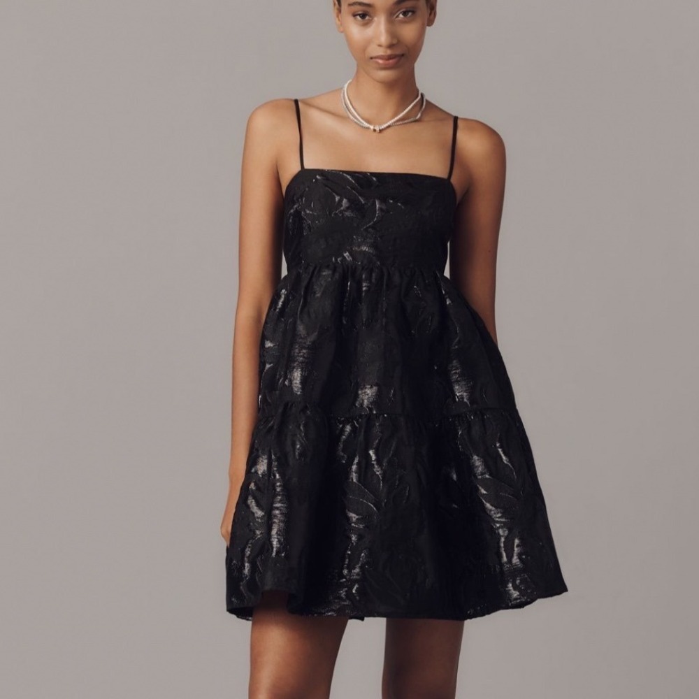 Endless Rose Anthropologie Mini Dress Black Jacquard Tiered Babydoll 2X NWT